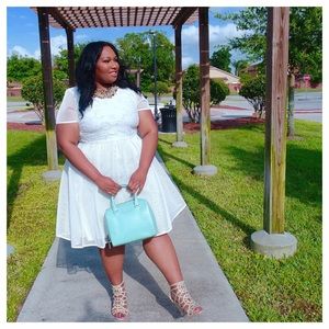 Eloquii White Mesh and Lace Fit and Flare Dress